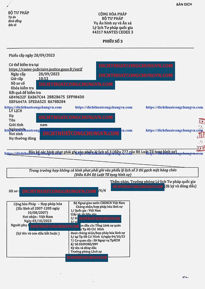 Dịch tiếng Pháp sang tiếng Việt và công chứng lý lịch tư pháp