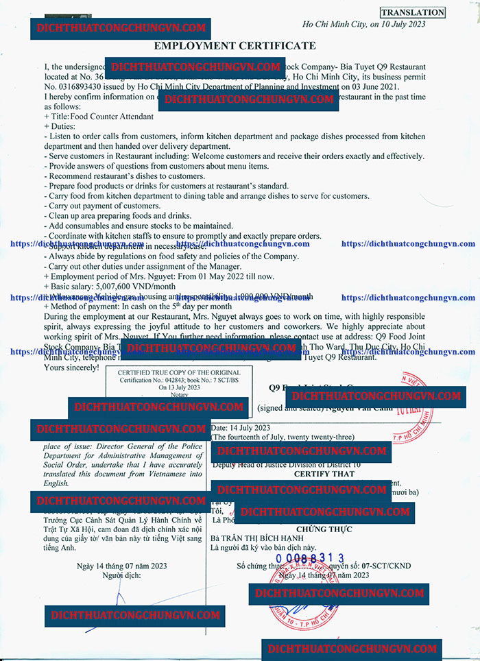 Dịch thuật công chứng Xác nhận lao động