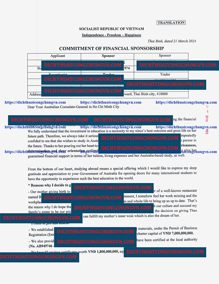 Dịch thuật công chứng Cam kết hỗ trợ tài chính