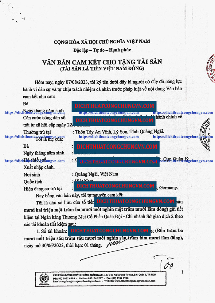 Dịch thuật công chứng Cam kết cho tặng tài sản giá rẻ TP.HCM