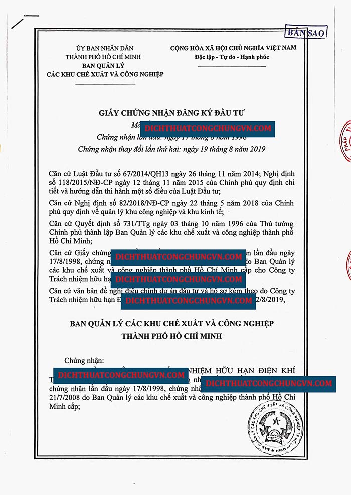 Dịch thuật công chứng Chứng nhận đầu tư