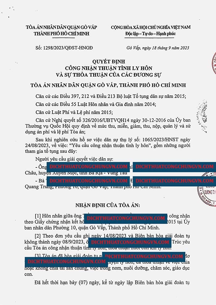 Dịch thuật công chứng Quyết định ly hôn